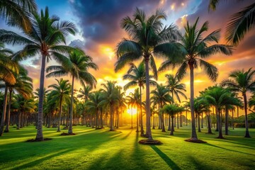 Fototapeta premium Serene Palm Trees in Lush City Park - Vibrant Summer Stock Photo