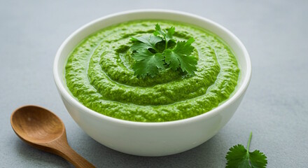 traditional homemade indian gujrati food recipe green coriander chutney for serve with indian food lunch, meal, ganthia, fafda, pakoda, panipuri, sandwich