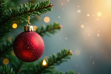 Fototapeta premium Single glittery red bauble hanging from a Christmas tree branch with a star, lights, festive decoration