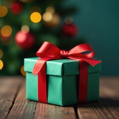 single gift box with a bow on a textured background, festive, bokeh