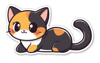 Cute calico kitten resting, white background, children's book illustration