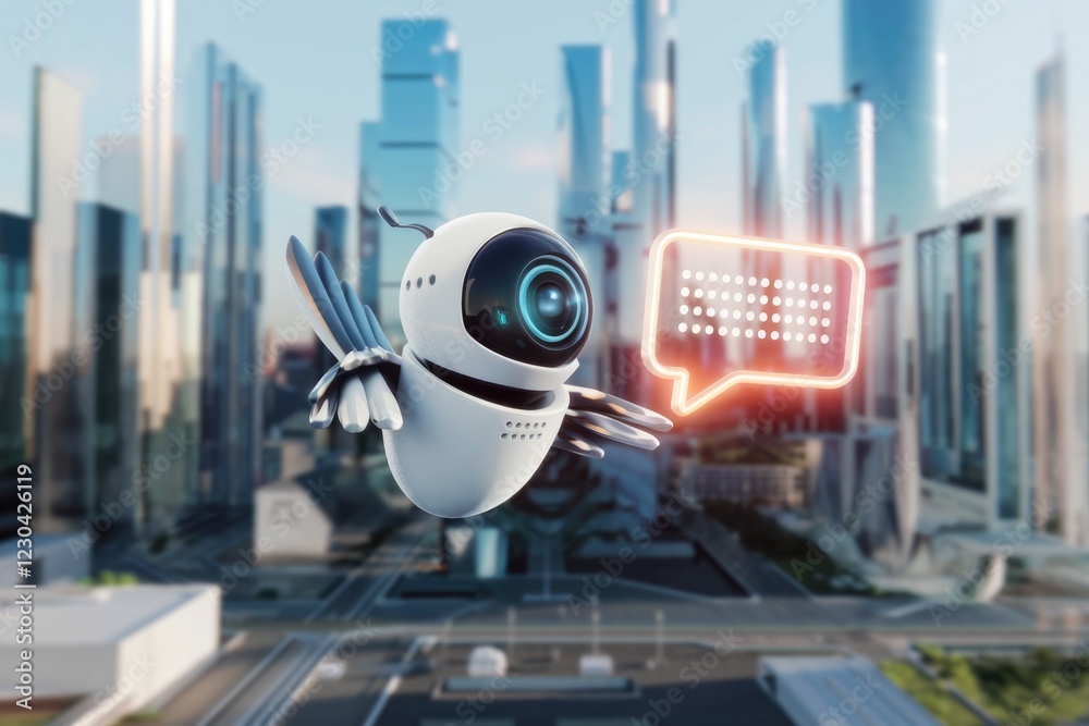 Poster A futuristic robot communicates in a modern cityscape, symbolizing technological advancement and AI integration.