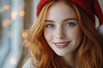 Cheerful young woman with red hair wearing a festive hat near a window with warm lights during...