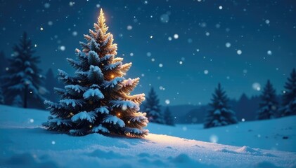 Obraz premium Spruce tree under starlight with snowflakes gently falling around it in a winter wonderland scene, peaceful, stars, spruce tree