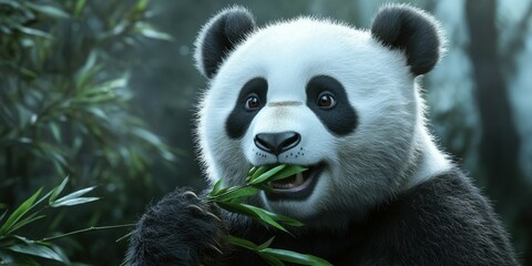 Fototapeta premium Cute panda eating bamboo in a lush green forest setting