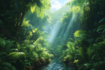 Obraz premium Lush Tropical Rainforest River Scene Sunlight Beams