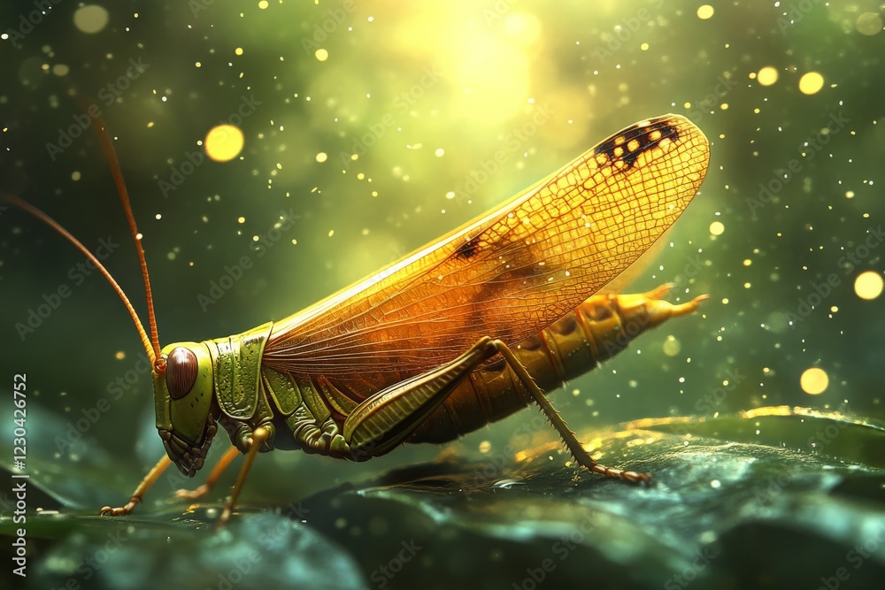 Poster Close-up view of a golden grasshopper resting on green leaves illuminated by soft light in a natural setting