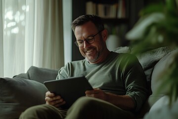 Smiling relaxed middle aged man sitting on a sofa at home, holding a digital tablet. Happy mature male enjoying technology in a modern living space. Comfort and lifestyle concept