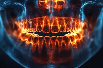 Intricate visualization of a human skull showcasing vibrant orange dental anatomy in a dramatic composition