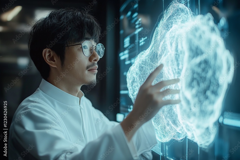 Poster Scientist interacts with holographic data display in high-tech lab during evening research session