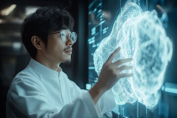 Scientist interacts with holographic data display in high-tech lab during evening research session