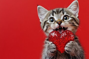 Cute serengeti feline infant with sparkling rhinestones red heart - emblem of love, funny greeting card. Serengeti - my beloved cat. Ad campaign graphic layout. Valentine animal poster.
