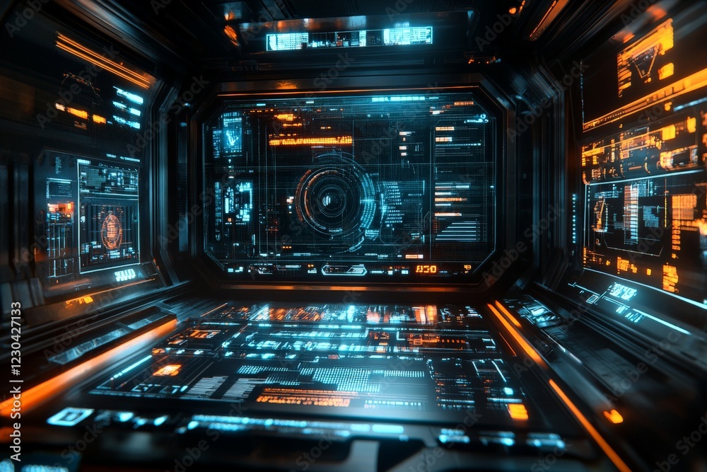 Fototapete futuristic control room with glowing interfaces and advanced technology in a sci-fi environment