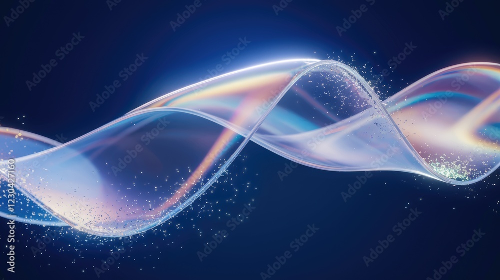 Poster A translucent, iridescent wave flows gracefully against a dark blue backdrop, sparkling with tiny particles.