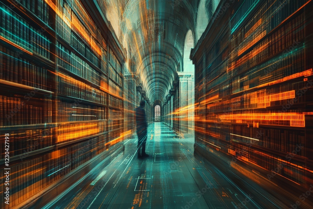 Poster Rays of light illuminate a historic library with towering shelves and a mysterious figure in the distance