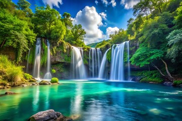 Serene Waterfall Cascade: Long Exposure Blue Pool Bright Sky Stock Photo