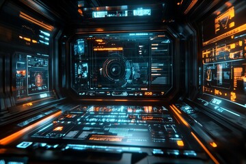 Fototapeta premium Futuristic control room with glowing interfaces and advanced technology in a sci-fi environment