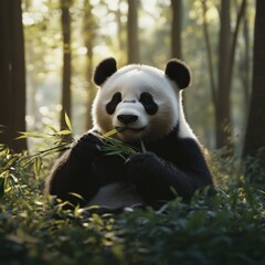 Fototapeta premium Giant panda enjoying bamboo in a serene forest setting