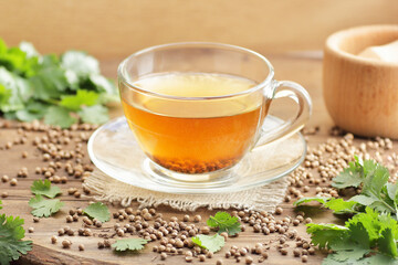Coriander seed tea in a glass cup with cilantro herb on wooden rustic background, closeup, heart and skin healing drink, natural medicine and naturopathy concept