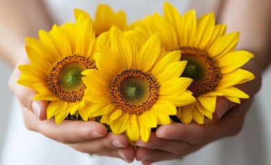 Bright sunflowers held gently in hands adorned with soft petals and vibrant colors © olegganko