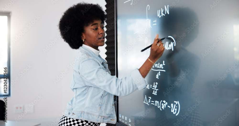 Aufkleber Education, black woman and student by board in classroom explaining science equation at college. Revision, lecture and female person with physics research for university exam, test or assignment.