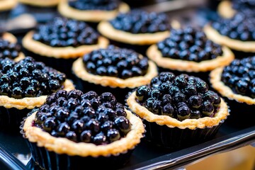 A stunning display of assorted blackberry tarts waits to delight at a dessert table. Each tart is piled high with juicy blackberries, creating an eye-catching treat for guests