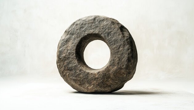 Ancient Symbol Of Innovation: Stone Wheel Object Created By A Caveman In The Prehistoric Era On A White Background.