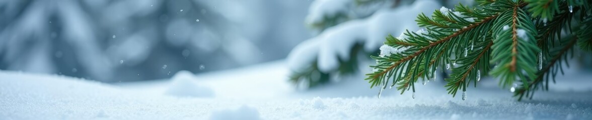 Obraz premium A lone green pine branch in the snowy landscape with hanging icicles, evergreen, frozen, natural