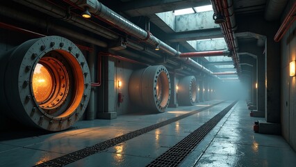 Fototapeta premium A dimly lit industrial setting with a glowing reactor chamber core, surrounded by metallic structures and pipes.