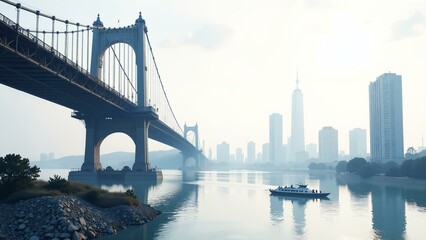 Obraz premium A massive structure dominates the scene, with leading lines and negative space highlighting its grandeur amidst sprawling cityscape.