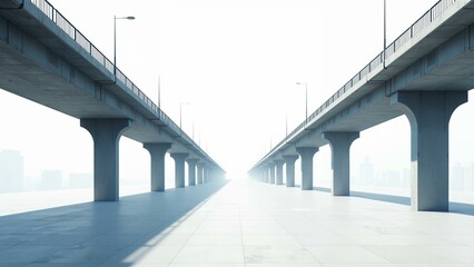 Fototapeta premium A megastructure framework with elevated walkways leading to a vanishing point amidst a sprawling cityscape.