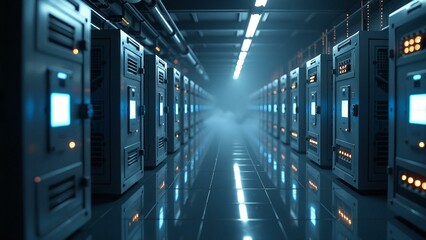 Naklejka premium A futuristic data vault with encrypted files reflected in infinity mirror setup.