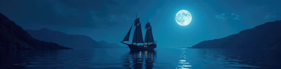 A moonlit ship sails through the still waters of a serene bay, bay at night, moonlight on water, evening