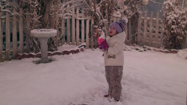 Little Girl Playing in the Snow with Dog
