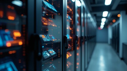 A futuristic data storage room with glowing encryption effects.