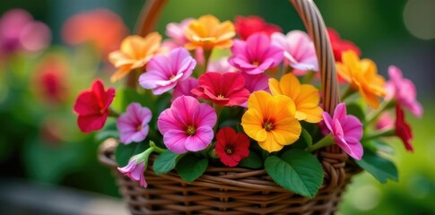 Obraz premium Colorful pea flowers blooming in a woven basket, Pea flowers, Garden, Gardenia