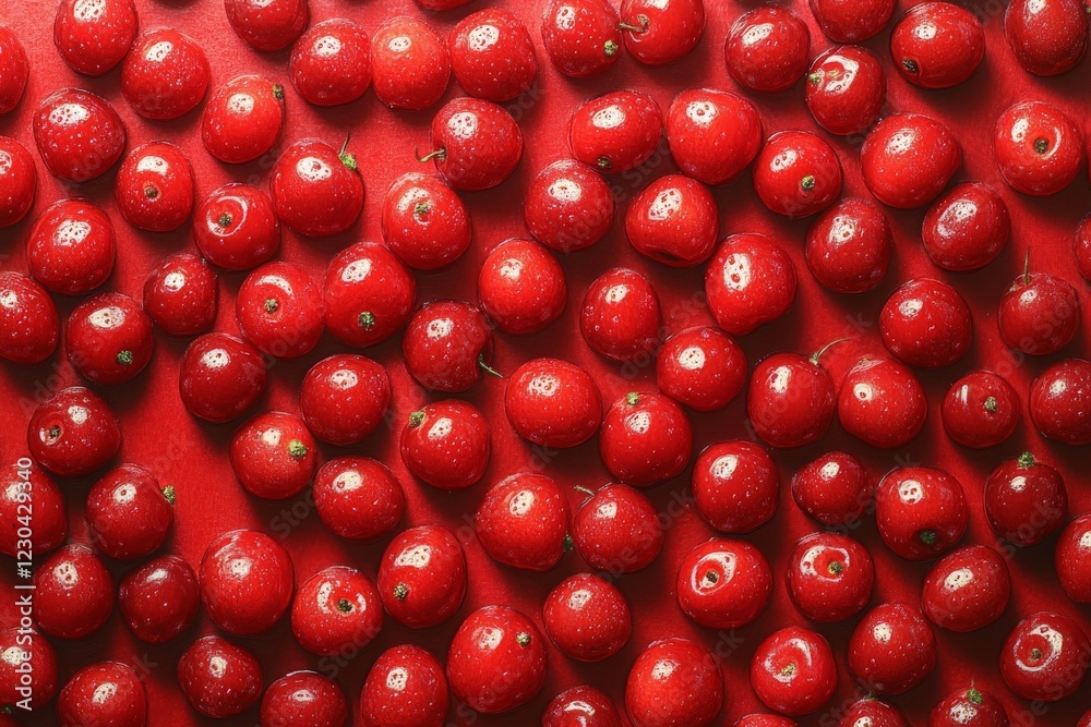 Poster Fresh red strawberries neatly arranged on a vibrant red background creating a bold visual display