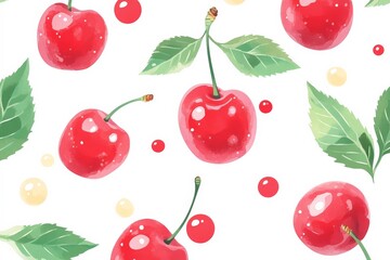 Red cherries surrounded by leaves and light circles on a white background create a vibrant pattern of fruit freshness