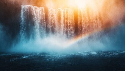 Majestic waterfall cascading into a serene lake, bathed in golden sunlight with a subtle rainbow.