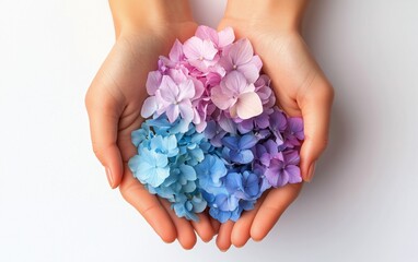 Hands holding a vibrant collection of colorful hydrangea petals in soft hues