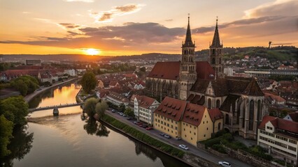 Naklejka premium Silhouette Cityscape: Esslingen am Neckar, Germany - Aerial Drone View