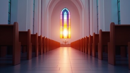 A serene view of an empty church interior with colorful stained glass windows. The warm sunlight creates a peaceful atmosphere, inviting reflection and tranquility.