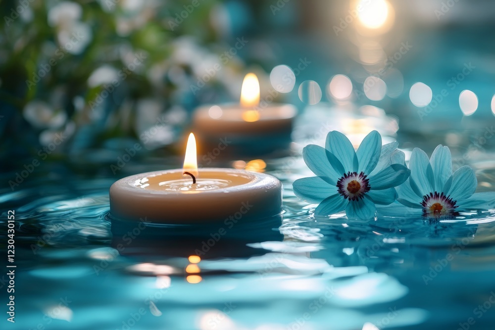 Poster Relaxing evening by the water with floating candles and delicate flowers creating a serene atmosphere