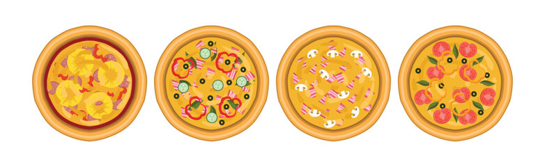Tasty Pizza with Dough Crust and Topping Vector Set
