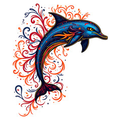 Ornate Dolphin Leaping Amidst Intricate Floral Design
