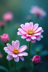 Obraz premium Flowers in garden with soft pink and blue hue, blue, botanical, petals