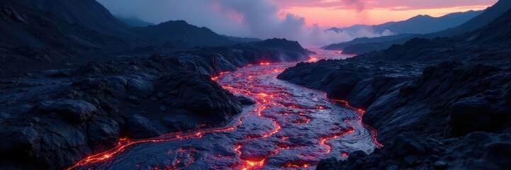 Fototapeta premium Flowing river of dark molten lava flows over rugged volcanic terrain, natural wonder, mountainous terrain