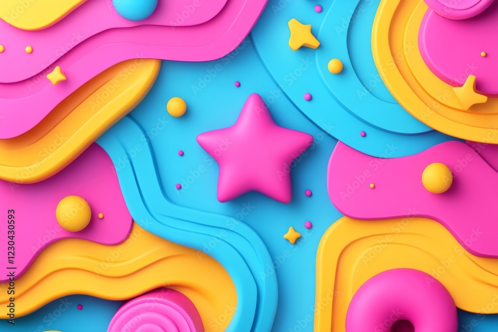 Aufkleber Colorful abstract shapes create a playful design with stars and circles on a blue background