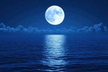 Tranquil Night Scene with Bright Full Moon Over Calm Ocean Waters