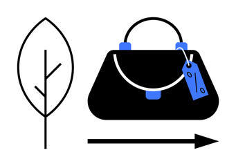 Leaf beside handbag with discount tag and directional arrow. Ideal for sustainability, eco-friendly products, fashion, shopping discounts, environmentally conscious choices, retail, nature. Abstract